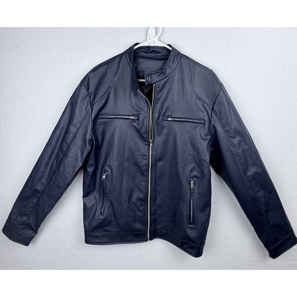 Men's  Faux Leather Motorcycle Jacket Blue  Coat Size M